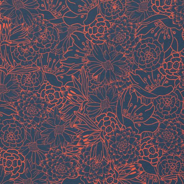 Baumwolljersey Primavera Blüten Terrakotta auf Dunkelblau by Bienvenido Colorido von Swafing